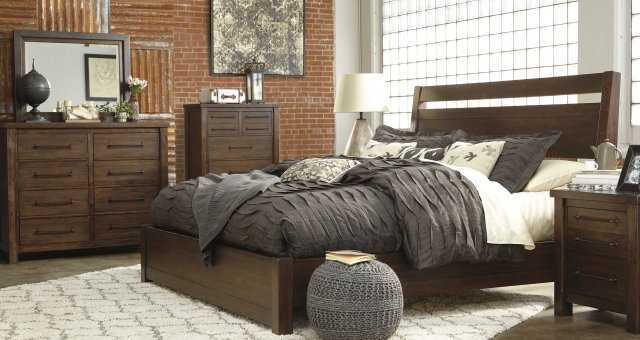 dark brown natural wood bed frame and furniture set